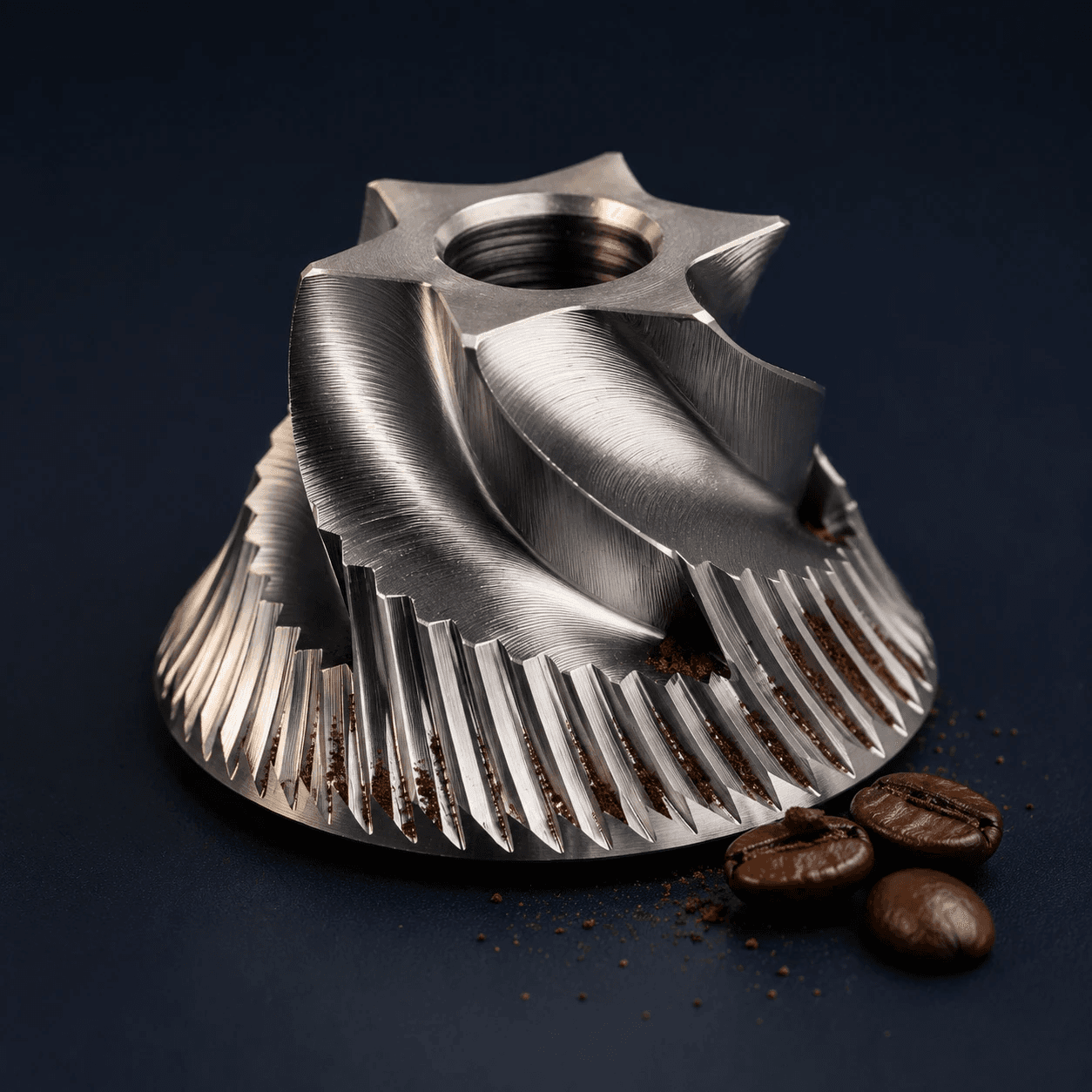 Macro view of the fictional grinder's metal burr mechanism